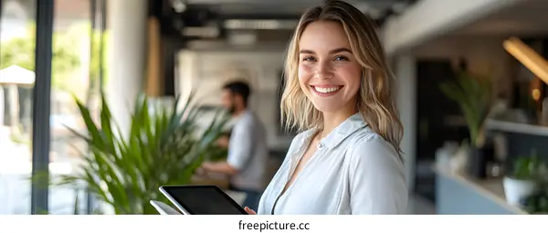 Smiling Woman Holding Tablet in Office Setting