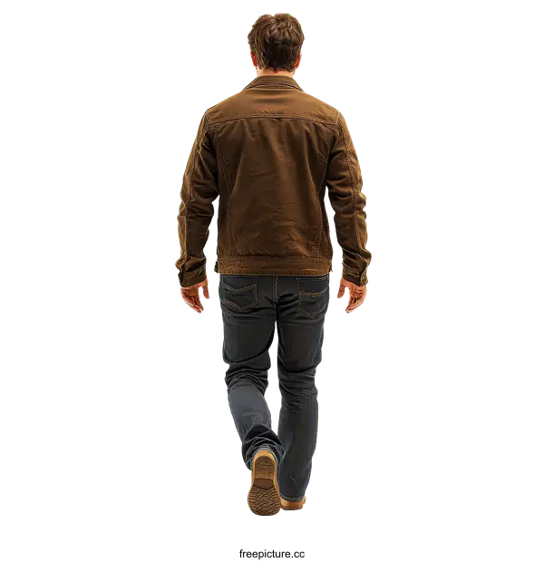 [Transparent Background PNG]Caucasian Man Walking in Brown Jacket and Blue Jeans