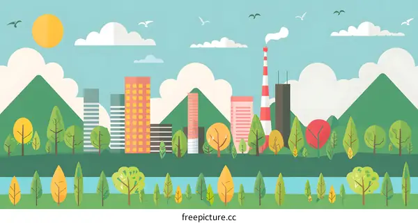 Green City with Mountains and River