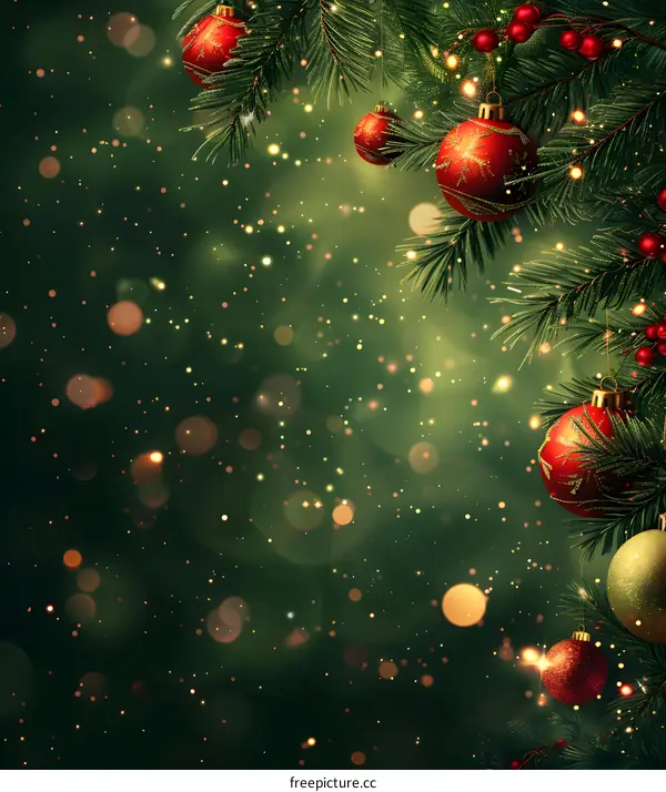 Christmas ornaments hanging on a Christmas tree with a blurred background