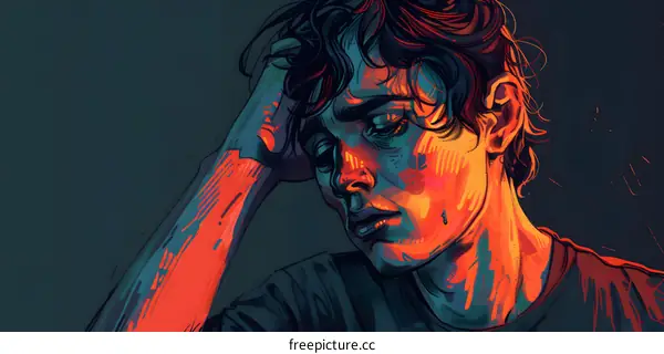 A portrait of a young man with his hand on his head, looking sad.