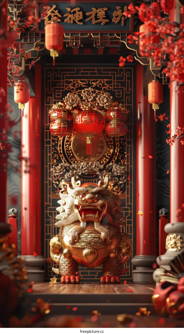 Golden Lion Statue at Gate with Red Lanterns