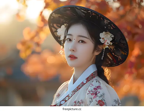 Portrait of a young woman in traditional Korean dress, wearing a gat. The background is blurred and there are autumn leaves in the foreground.