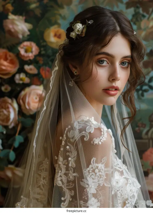 Beautiful Bride with Vintage Lace Veil and Floral Headpiece
