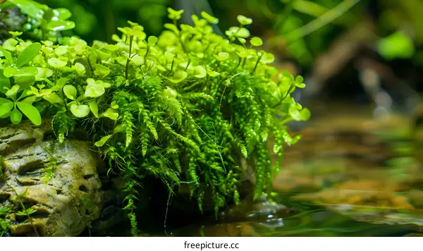 Green Moss and Water Plant Growing on a Rock