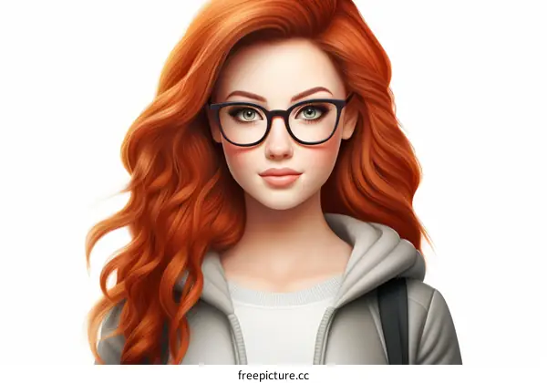 portrait of a beautiful young woman with long red hair wearing glasses