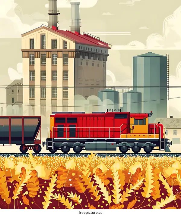 Industrial Locomotive Train in Front of Factory Building