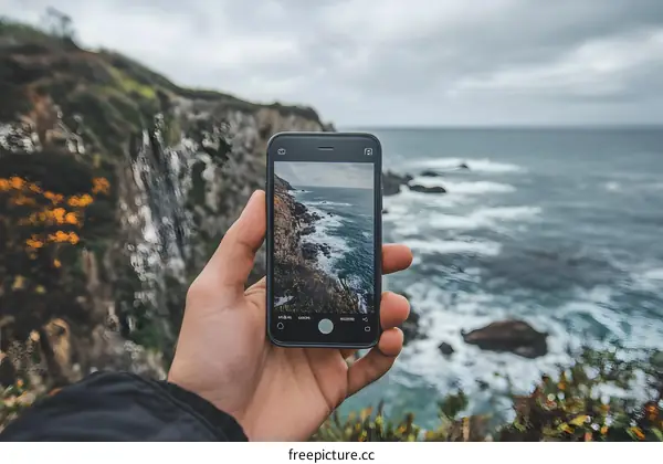 Hand Holding Smartphone Capturing Ocean View