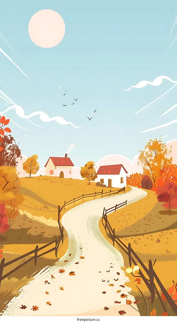 Autumn Landscape with Winding Road and Two Houses