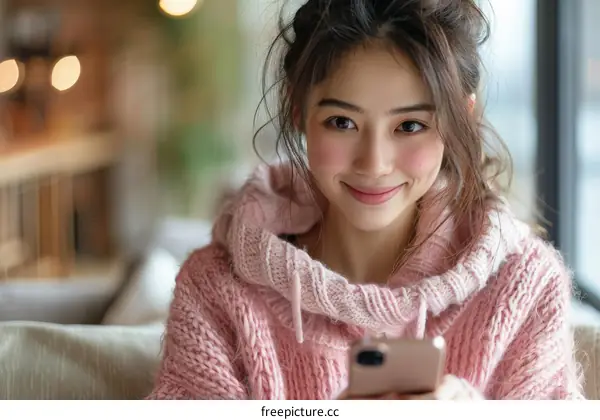 A young Asian woman is smiling while looking at her phone.