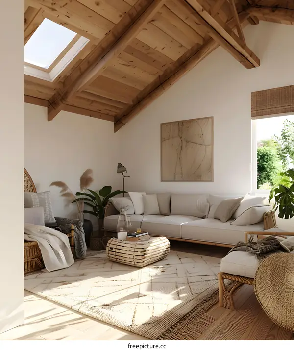 Modern Living Room with Wooden Beams and Skylight