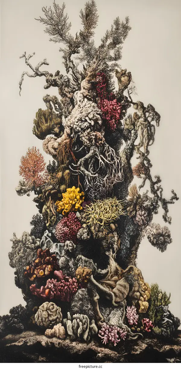 Detailed Illustration of Coral Reefs and Sea Life