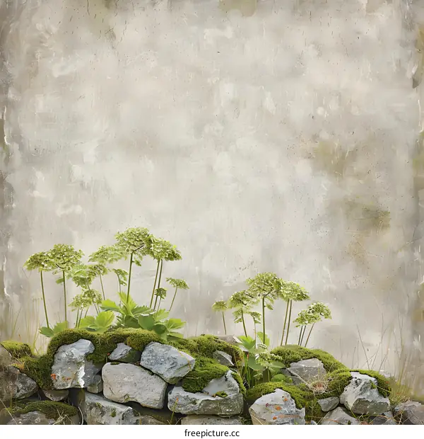 Stone Wall With Green Plants And Moss On The Background