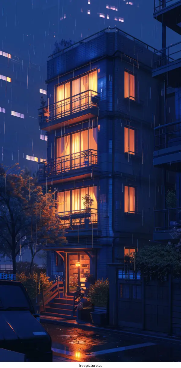 Rainy Night City Apartment Building