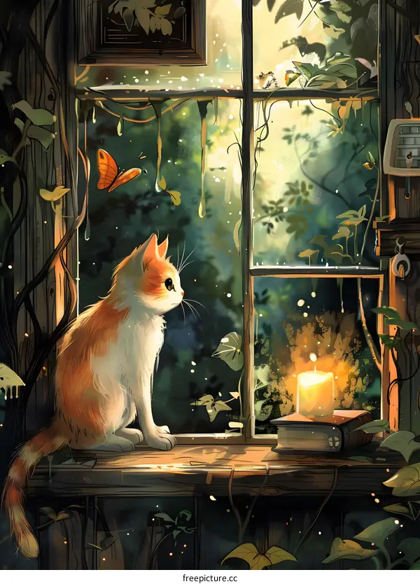 A ginger cat is sitting on a windowsill, looking out at the rain.