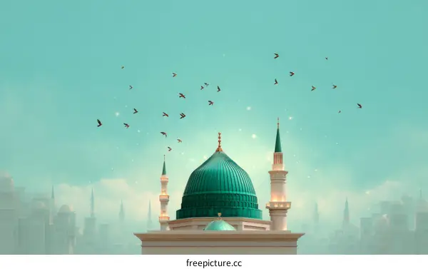 Majestic Mosque Dome with Birds in Teal Sky