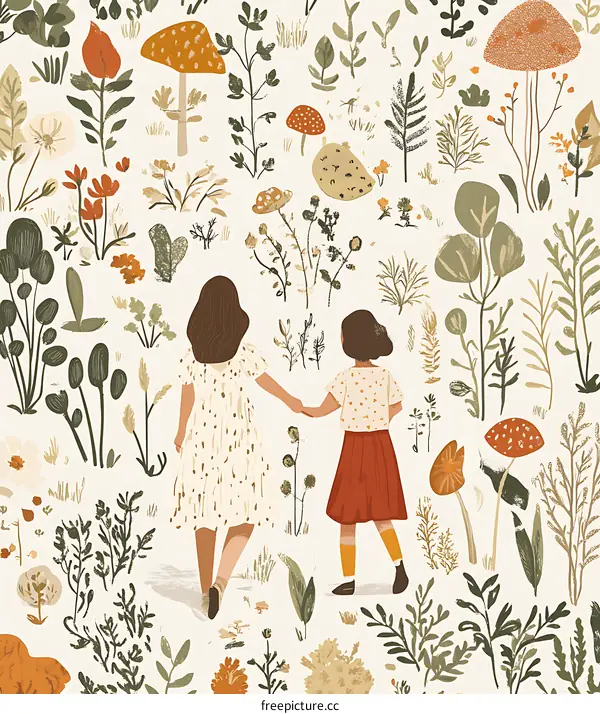 Two Girls Walking Through A Forest Of Plants And Mushrooms