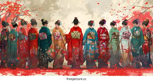A group of Japanese women wearing traditional kimonos