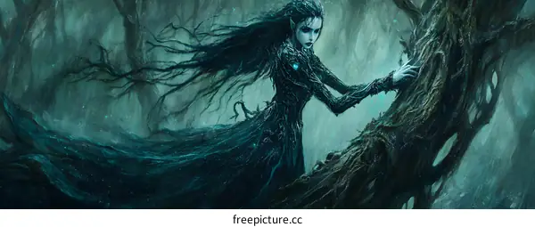 Dark Forest Fantasy Illustration with a Woman in a Dress