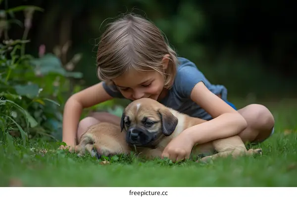 Little Girl Holding and Kissing a Puppy on Green Grass