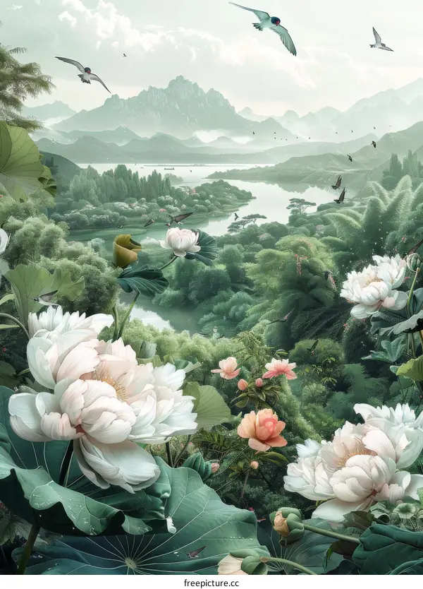 Landscape Painting with Birds and Flowers by the Lake