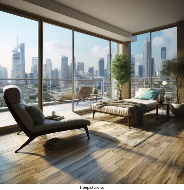 Modern living room interior with large windows and city view