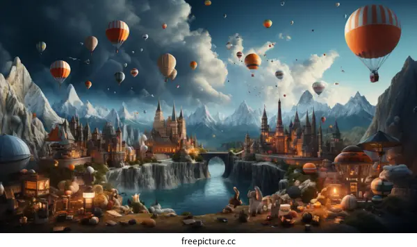Fantasy castle with hot air balloons flying over it