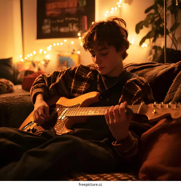 Young Man Playing Electric Guitar in Living Room