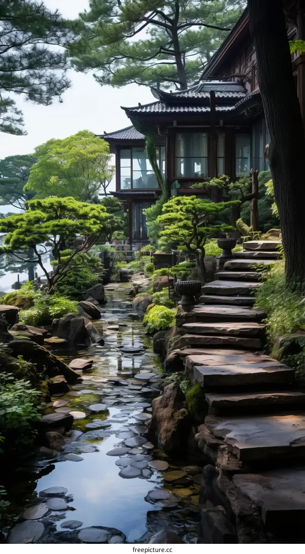 Stone path through a Zen garden with a traditional house in the background