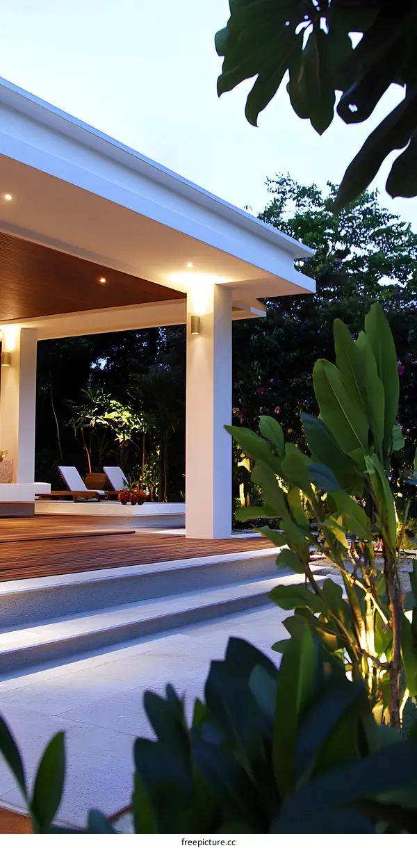 Modern Minimalist Architecture Outdoor Patio With Steps And Lush Greenery