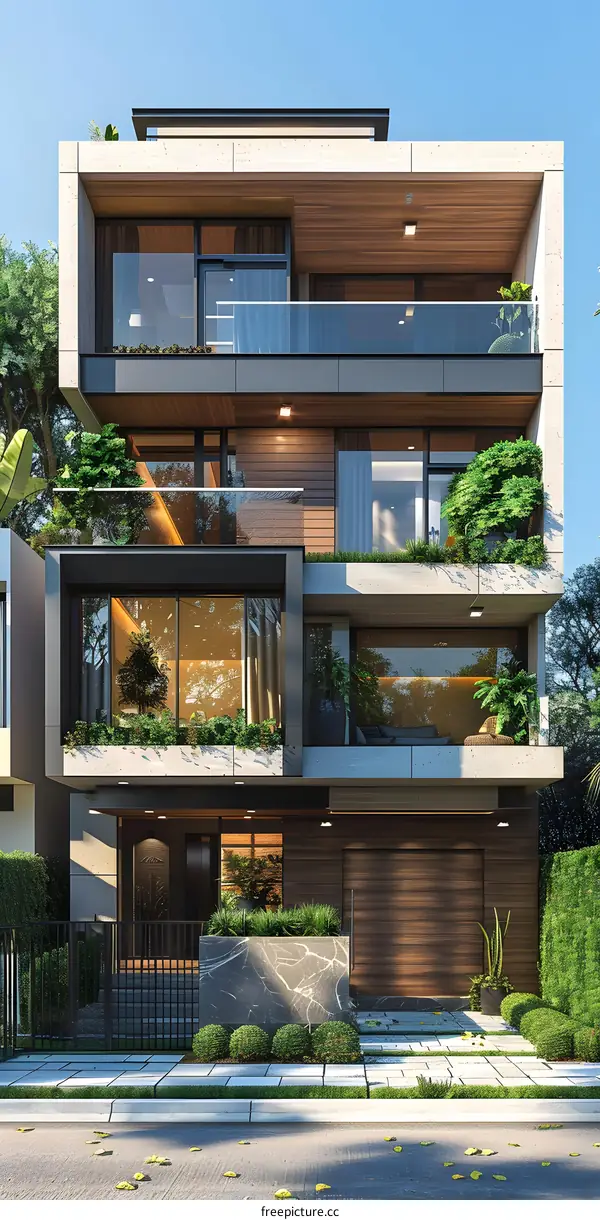 A three-story modern house with a garage and a garden