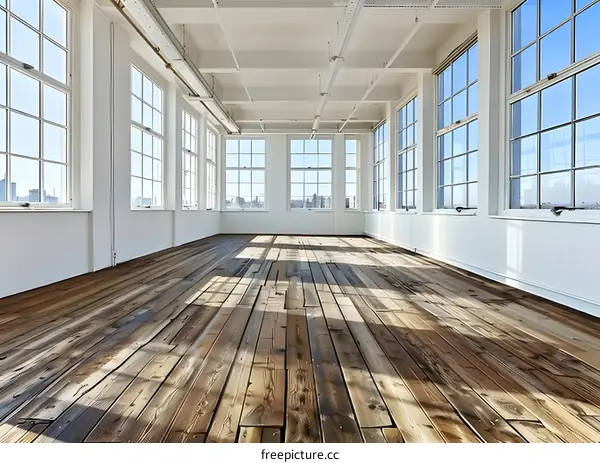 Empty Room with Wooden Floor and Large Windows