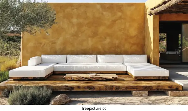 Modern Outdoor Sectional Sofa Set with Wooden Deck