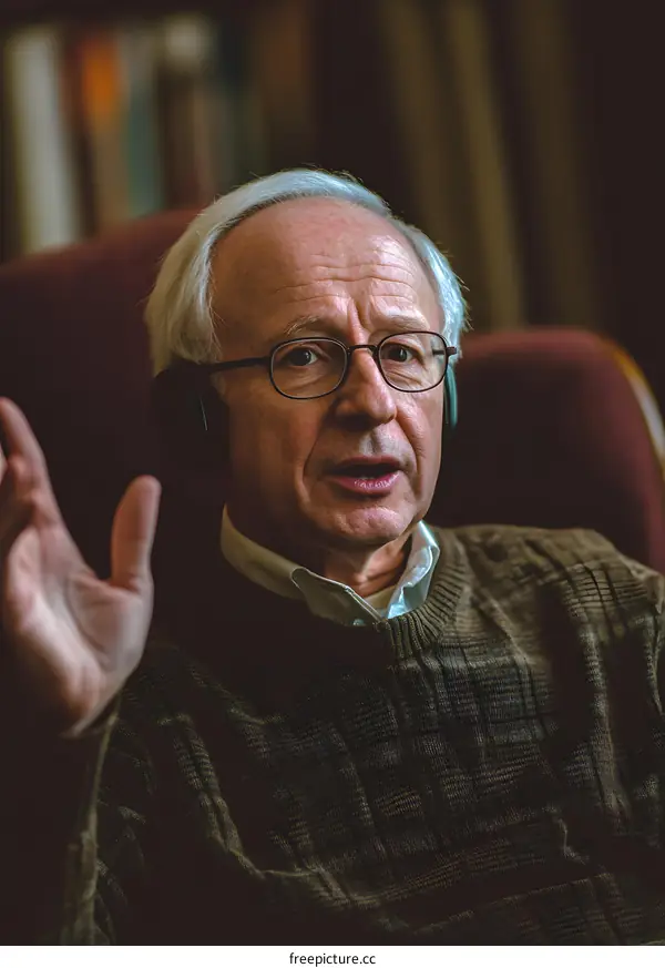 Senior Man Wearing Glasses and Headphones  Talking