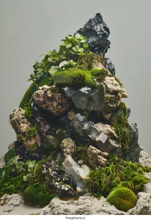 Green Moss and Black Crystals Arrangement on Sand