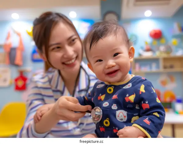 Asian female doctor holding stethoscope checking up on a smiling baby boy