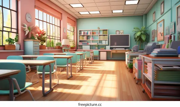 Classroom with pink and blue walls and green chairs