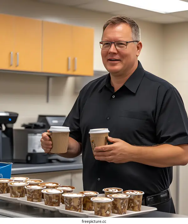 Man Holding Two Coffee Cups in Office Kitchen