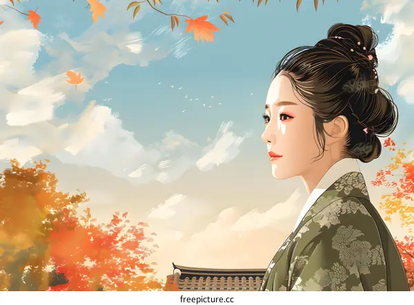 A beautiful Korean woman in traditional dress looks out at the autumn landscape