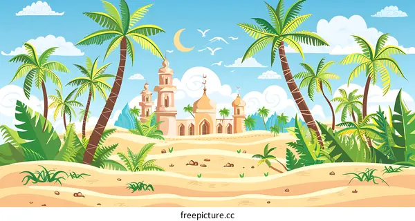 Palm Trees and Mosque Illustration