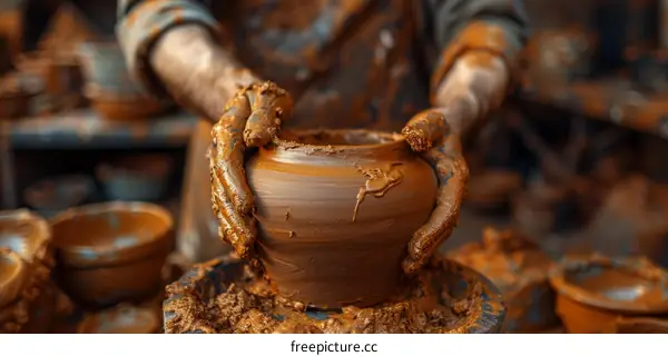 A potter shapes a clay pot on a pottery wheel