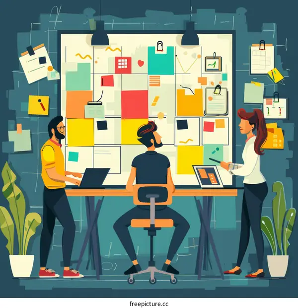 Three people in a room with sticky notes on the wall