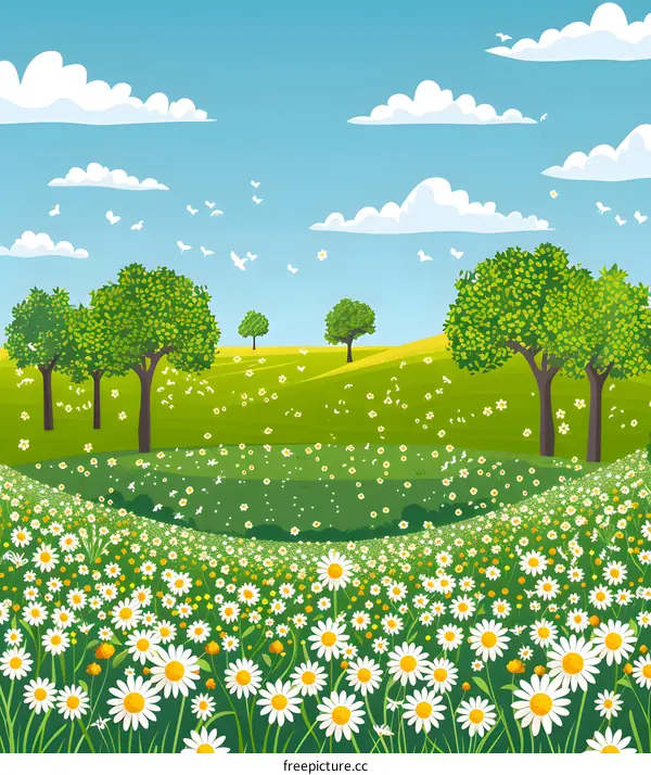 Beautiful Spring Landscape with Daisies