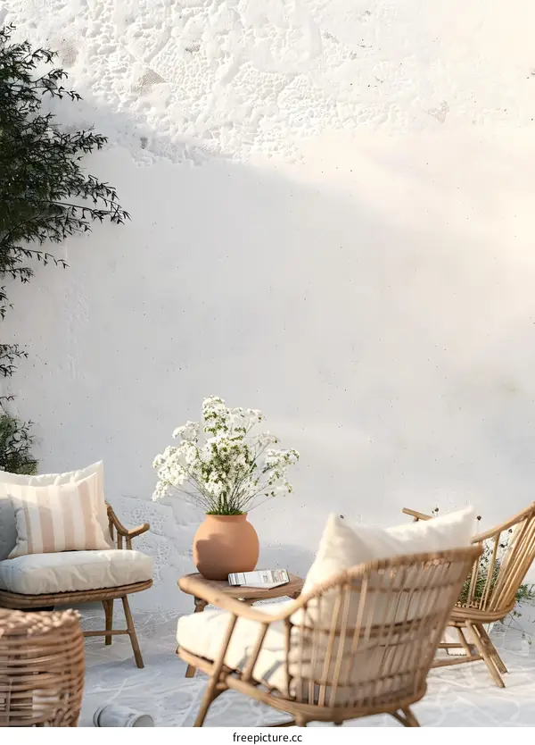 White Wall With Wicker Chairs and Flower Vase