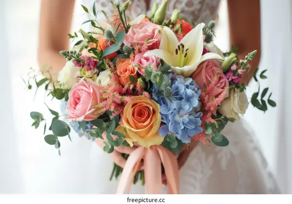 A bride holding a bouquet of colorful flowers