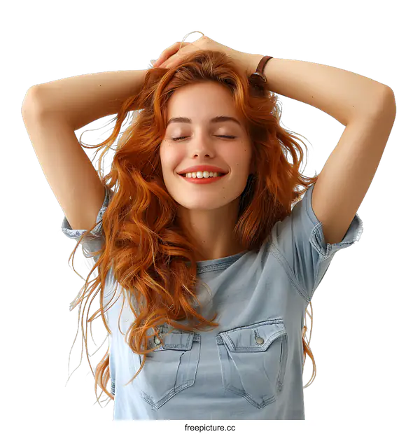 [Transparent Background PNG]redhead woman in blue shirt smiling with eyes closed