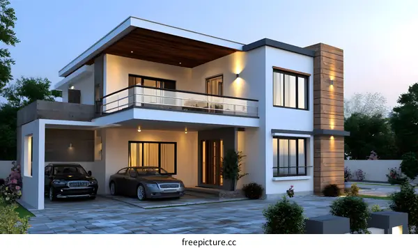 Modern Two Story House Exterior Design With Balcony And Garage