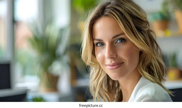 portrait of a beautiful young woman with blonde hair and blue eyes