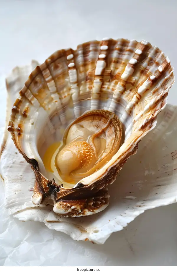 A close-up image of a raw scallop in its shell