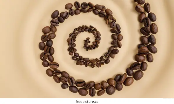 Spiral Arrangement of Coffee Beans on a Beige Background